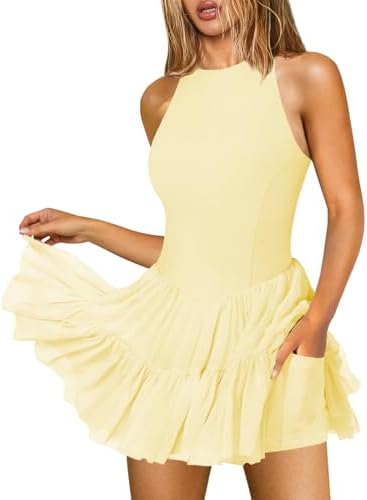 Women's Flowy Pleated Ruffle Tennis Athletic Dress for Women Summer Boat Neck Sleeveless Mini Golf Dress Shorts Pockets