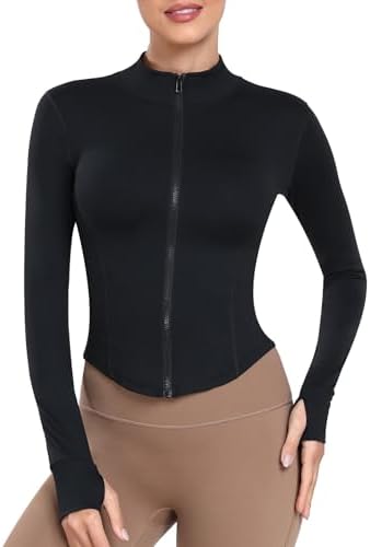 Women's Full Zip Lightweight Running Yoga Slim Fit Cropped Bbl Jacket Workout Sportwear With Thumb Holes