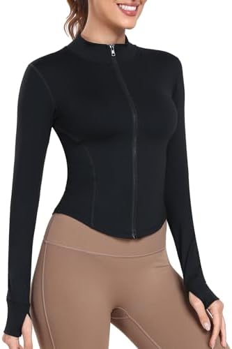 Women's Full Zip Lightweight Running Yoga Slim Fit Cropped Bbl Jacket Workout Sportwear With Thumb Holes