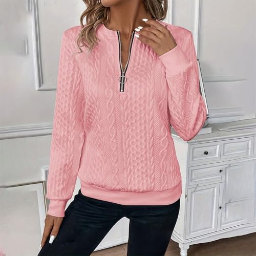 Women's Half Zip Quilted Pullover Sweatshirts Crew Neck Long Sleeve Tops Textured Solid Casual Fashion Fall Sweaters