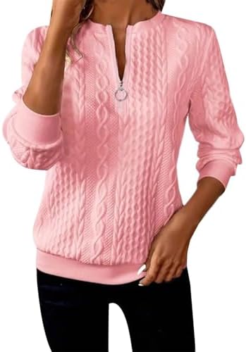 Women's Half Zip Quilted Pullover Sweatshirts Crew Neck Long Sleeve Tops Textured Solid Casual Fashion Fall Sweaters