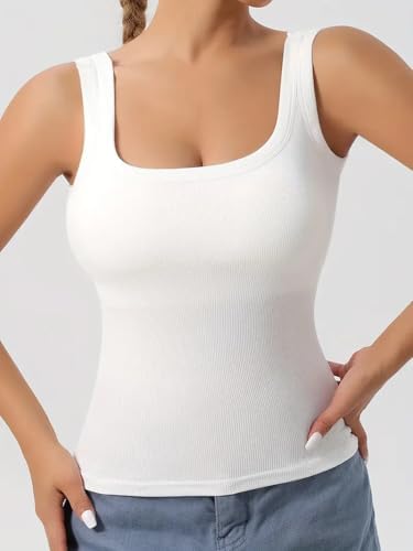 Women's High Elasticity Solid Color Square Neck Vest With Detachable Chest Pad - Ribbed Breathable Activewear Sleeveless