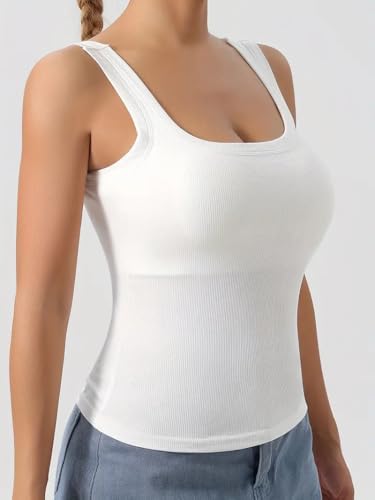 Women's High Elasticity Solid Color Square Neck Vest With Detachable Chest Pad - Ribbed Breathable Activewear Sleeveless