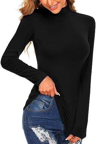 Women's Long Sleeve Mock Turtleneck Tops Casual Slim Fitted Lightweight Under Layer Pullover Shirts