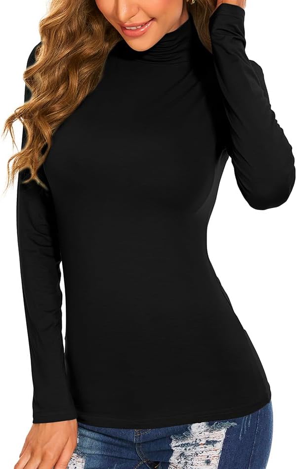Women's Long Sleeve Mock Turtleneck Tops Casual Slim Fitted Lightweight Under Layer Pullover Shirts