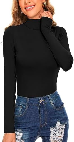 Women's Long Sleeve Mock Turtleneck Tops Casual Slim Fitted Lightweight Under Layer Pullover Shirts