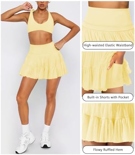 Women's Mini Skirt Skort Flowy Pleated High Waisted Ruffle Tennis Skirts For Women Athletic Skater Golf With Shorts Pockets