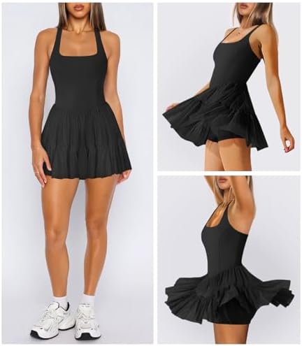 Women's Tennis Flowy Pleated Ruffle Athletic Dress For Women Halter Neck Sleeveless Summer Mini Golf Dress With Shorts Pocket