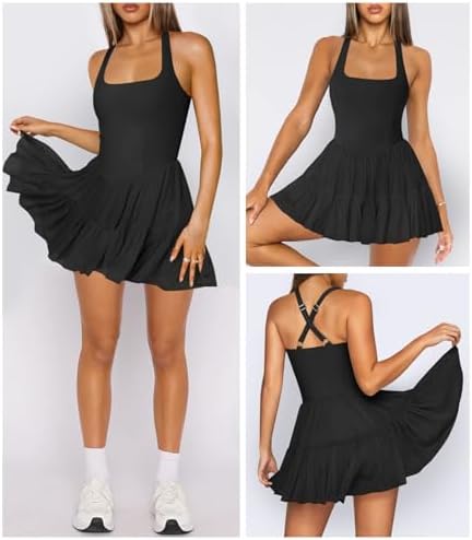 Women's Tennis Flowy Pleated Ruffle Athletic Dress For Women Halter Neck Sleeveless Summer Mini Golf Dress With Shorts Pocket