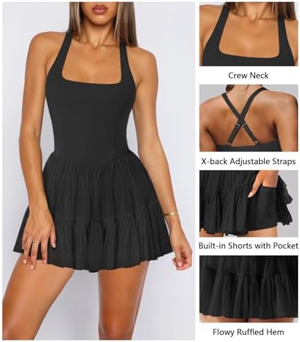 Women's Tennis Flowy Pleated Ruffle Athletic Dress For Women Halter Neck Sleeveless Summer Mini Golf Dress With Shorts Pocket