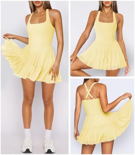 Women's Tennis Flowy Pleated Ruffle Athletic Dress For Women Halter Neck Sleeveless Summer Mini Golf Dress With Shorts Pocket