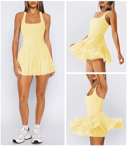 Women's Tennis Flowy Pleated Ruffle Athletic Dress For Women Halter Neck Sleeveless Summer Mini Golf Dress With Shorts Pocket