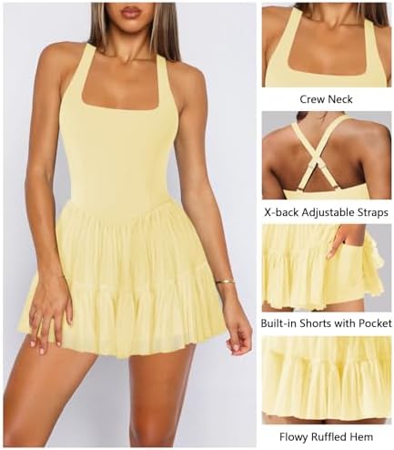 Women's Tennis Flowy Pleated Ruffle Athletic Dress For Women Halter Neck Sleeveless Summer Mini Golf Dress With Shorts Pocket