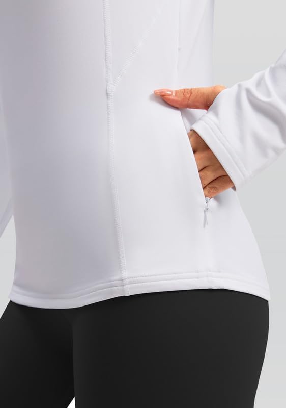 Women's Thermal Fleece Tops Long Sleeve Workout Shirts Running Athletic Base Layer With Thumb Holes Zipper Pocket