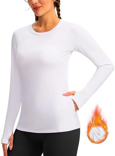 Women's Thermal Fleece Tops Long Sleeve Workout Shirts Running Athletic Base Layer with Thumb Holes Zipper Pocket