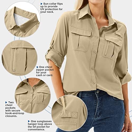 Women's UPF 50 Long Sleeve Sun Protection Shirts Safari Fishing Hiking