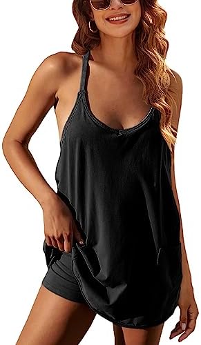 Women Sleeveless Athletic Dress Mini Dress Spaghetti Strap Sundress with Shorts