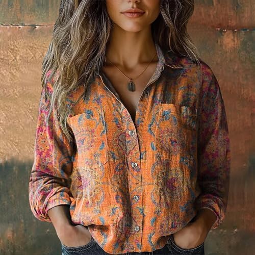 Womens 3/4 Sleeve Boho Tops Vintage Retro Floral Print Shirts Loose Fit Lightweight V Neck Button Down Blouses