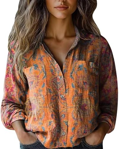 Womens 3/4 Sleeve Boho Tops Vintage Retro Floral Print Shirts Loose Fit Lightweight V Neck Button Down Blouses