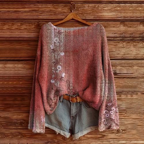 Womens Boho Oversized Sweater 2025 Vintage Ethnic Cute Graphic Pullover Tops Baggy Fall Long Sleeve Floral Blouses
