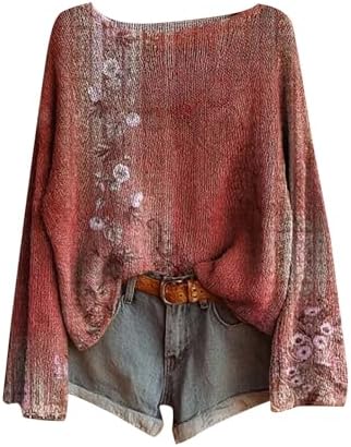 Womens Boho Oversized Sweater 2025 Vintage Ethnic Cute Graphic Pullover Tops Baggy Fall Long Sleeve Floral Blouses