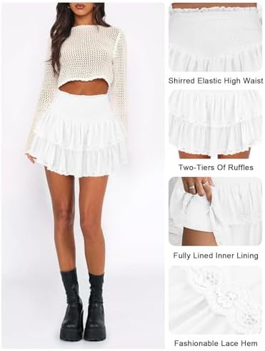 Womens Casual Ruffle Mini Skirt Athletic Golf Tennis Skort Boho Tiered High Waist Layered Ruffle Flowy Short Skirts