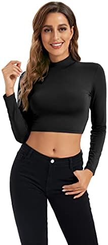 Womens Long Sleeve Crop Tops Lightweight Mock Neck Base Layer Shirts