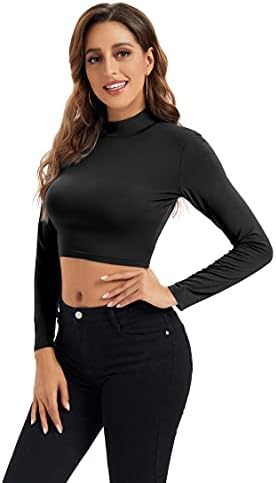 Womens Long Sleeve Crop Tops Lightweight Mock Neck Base Layer Shirts