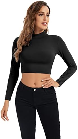 Womens Long Sleeve Crop Tops Lightweight Mock Neck Base Layer Shirts
