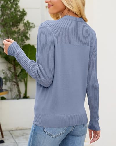 Womens Puff Sleeve Hollow Out Sweater Tops Crewneck Neck Long Sleeve Knit Slim Fit Blouse Elegant Basic Tee Tops