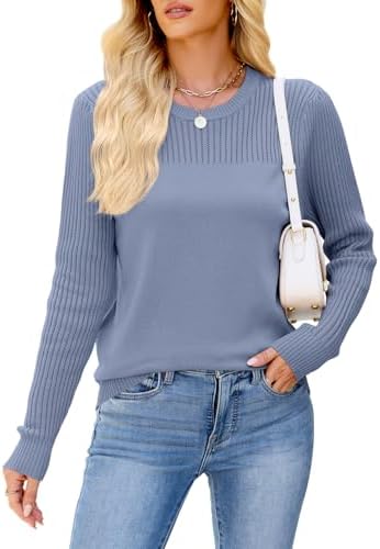 Womens Puff Sleeve Hollow Out Sweater Tops Crewneck Neck Long Sleeve Knit Slim Fit Blouse Elegant Basic Tee Tops