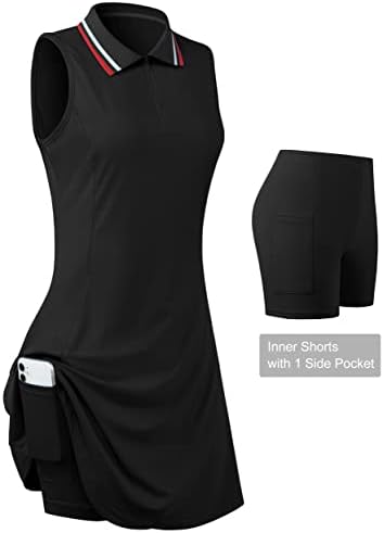 Womens Sleeveless Golf Tennis Dresses With Inner Shorts＆Pockets For Workout Exercise