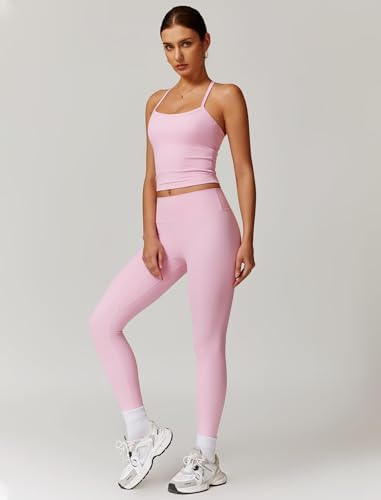 Womens Workout Sets Two Piece Cross Back Tank Top Matching High Waist Leggings Sets Gym Outfits Work Out Clothes