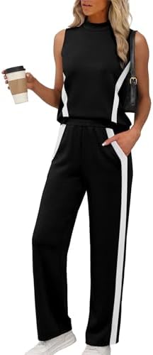 XIEERDUO Two Piece Sets For Women Summer Outfits Travel Mock Neck Lounge Sets Wide Leg Pants Beach Vacation Clothes