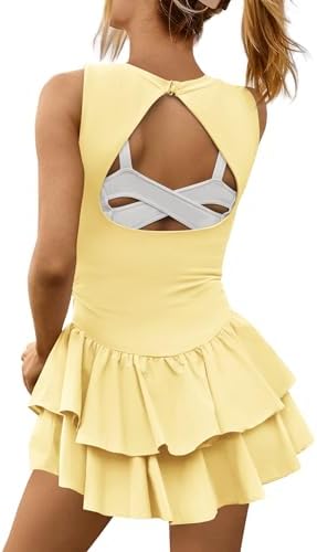 Yanekop Womens Tennis Dress With Built In Shorts Backless Athletic Dresses Workout Golf Mini Dress Activewear Outfits