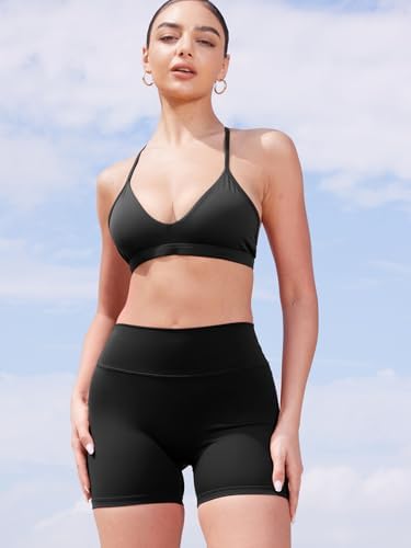 YEOREO Sports Bras For Women Strappy Padded Halter Ericie Open Back Light Impact Deep V Neck Yoga Workout Gym Tops