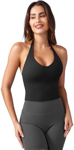 YEOREO Women's Halter Crop Top V Neck Workout Going Out Tank Top Hazel Padded Sleeveless Backless Trendy Summer Camisole