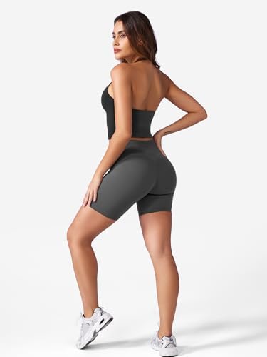 YEOREO Women's Halter Crop Top V Neck Workout Going Out Tank Top Hazel Padded Sleeveless Backless Trendy Summer Camisole