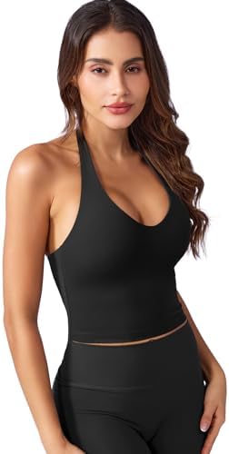 YEOREO Women's Halter Crop Top V Neck Workout Going Out Tank Top Hazel Padded Sleeveless Backless Trendy Summer Camisole