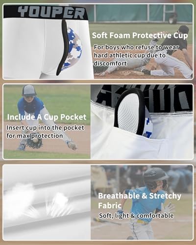 Youper 2 Pack Youth Brief With Soft Protective Athletic Cup Youth Compression Underwear For Baseball & Football