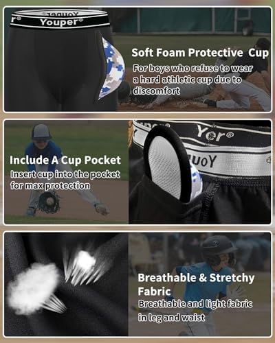 Youper Boys Compression Brief With Soft Protective Athletic Cup Youth Underwear For Baseball Football Hockey Lacrosse