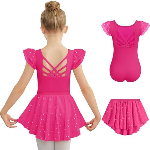 Zaclotre Ballet Leotards for Girls Toddler Ruffle Sleeve Crisscross Back Dance Dress Outfit with Removable Skirt Combo