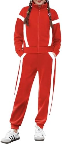 Zaclotre Girl's 2 Piece Outfits Zip Up Sweatsuit Contrast Striped Sweatshirt Sweatpant Sets Jogging Track Suit