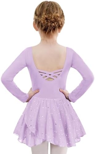 Zaclotre Girls Ballet Leotards Long Sleeve Shiny Skirted Crisscross Back Toddler Leotard Dresses Dance Outfits