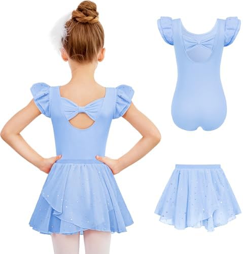 Zaclotre Girls Ballet Leotards Toddler Ruffle Sleeve Bow Back Dance Outfits Leotard with Removable Shinny Skirt Combo