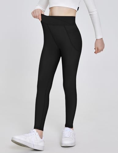 Zaclotre Girls Fleece Lined Leggings Kids Water Resistant Winter Warm Crossover Athletic Yoga Pants With Pockets