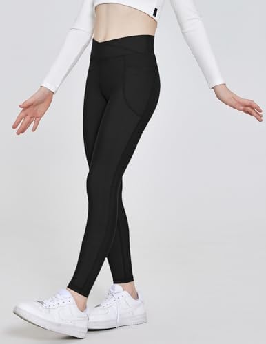 Zaclotre Girls Fleece Lined Leggings Kids Water Resistant Winter Warm Crossover Athletic Yoga Pants With Pockets