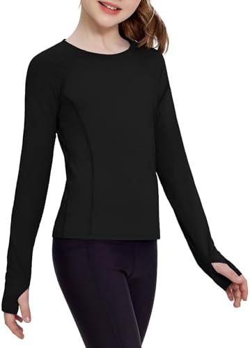 Zaclotre Girls Long Sleeve Shirts with Thumb Holes Quick Dry Workout Athletic Tops for Kids Sport Performance Clothes
