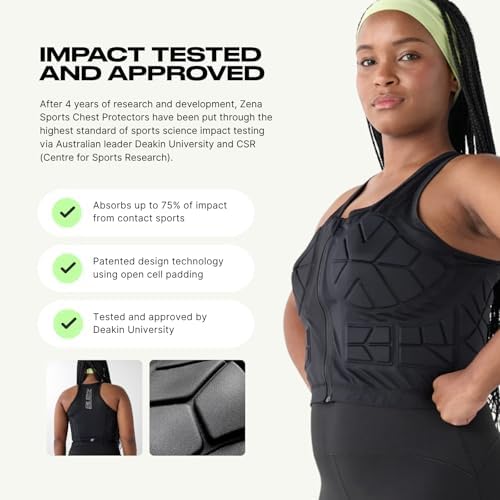 Zena Sport - Adult Chest Protector Vest For Women - Front Zip Padded Compression Vest - For Contact Sports Lacrosse Softball Football Basketball & More - Breast & Rib Protection - Black