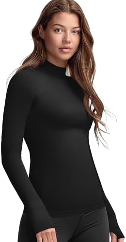 Zengjo Mock Neck Long Sleeve Workout Top Thumb Hole Athletic Shirts For Women Running Yoga Lightweight Thermal Baselayer